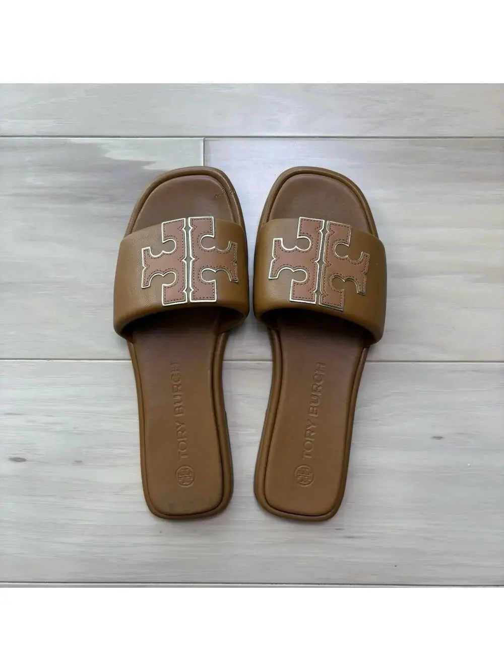 Tory Burch Ines Slide Sandals Brown Leather Double T Logo Women’s Size 9.5 M - Picture 4 of 7